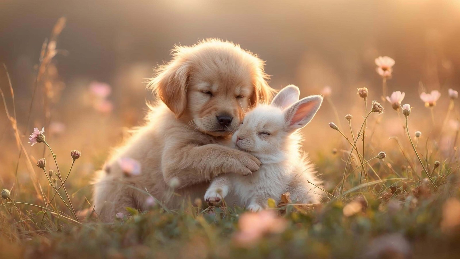 One sunny morning, I saw a puppy and a bunny sitting close together in a field full of flowers. The puppy put its paw gently...