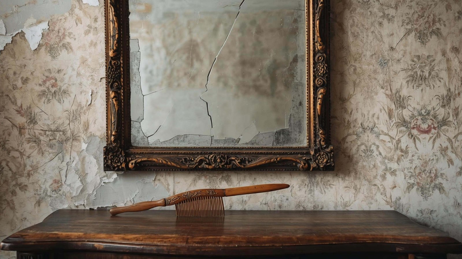 The cracked mirror and faded wallpaper remember years gone by, voices, laughter, and quiet mornings drifting through their ge...