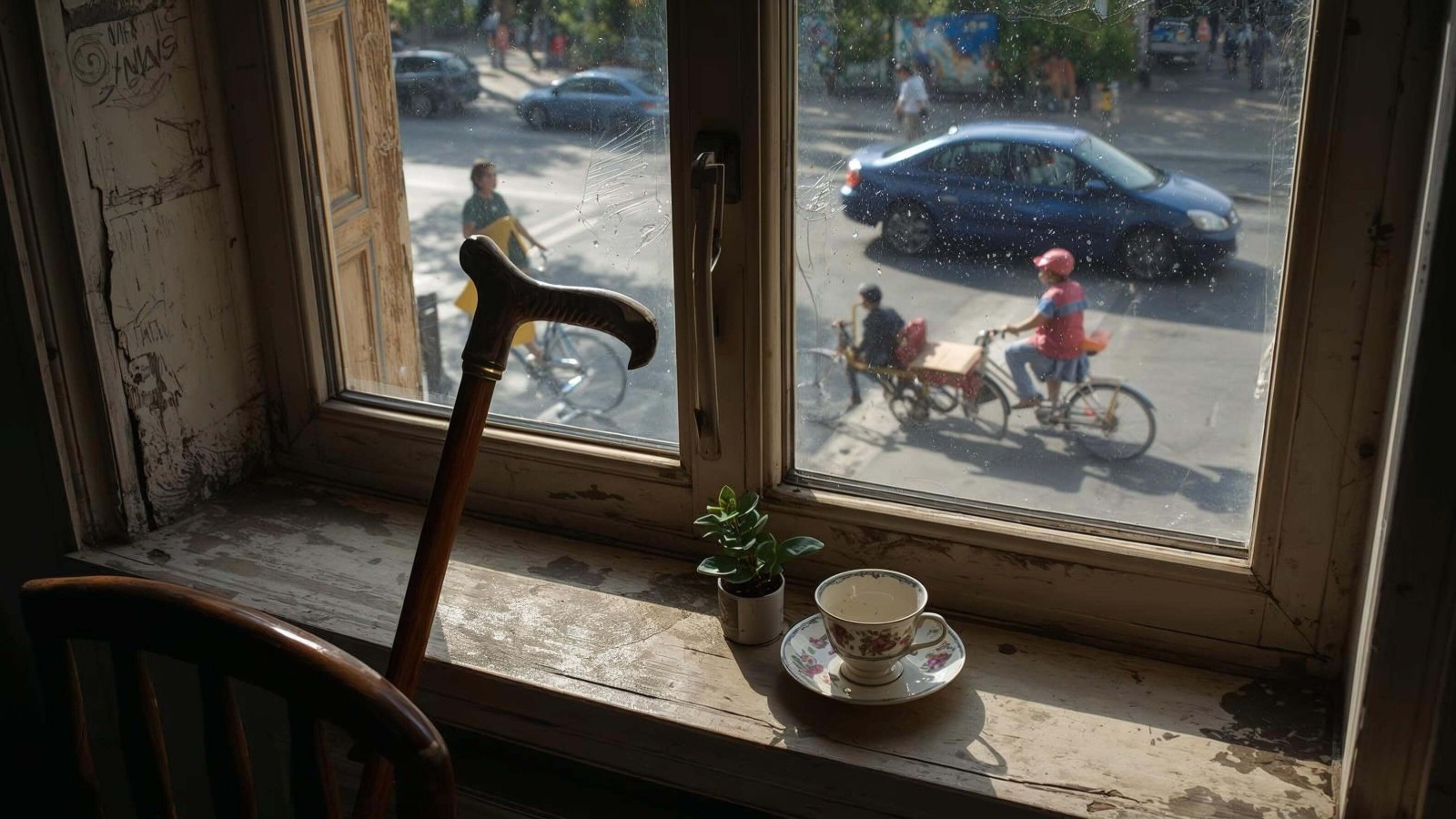 A wooden cane leans against the windowsill, its silence echoing a lifetime of footsteps now still. An untouched teacup holds...